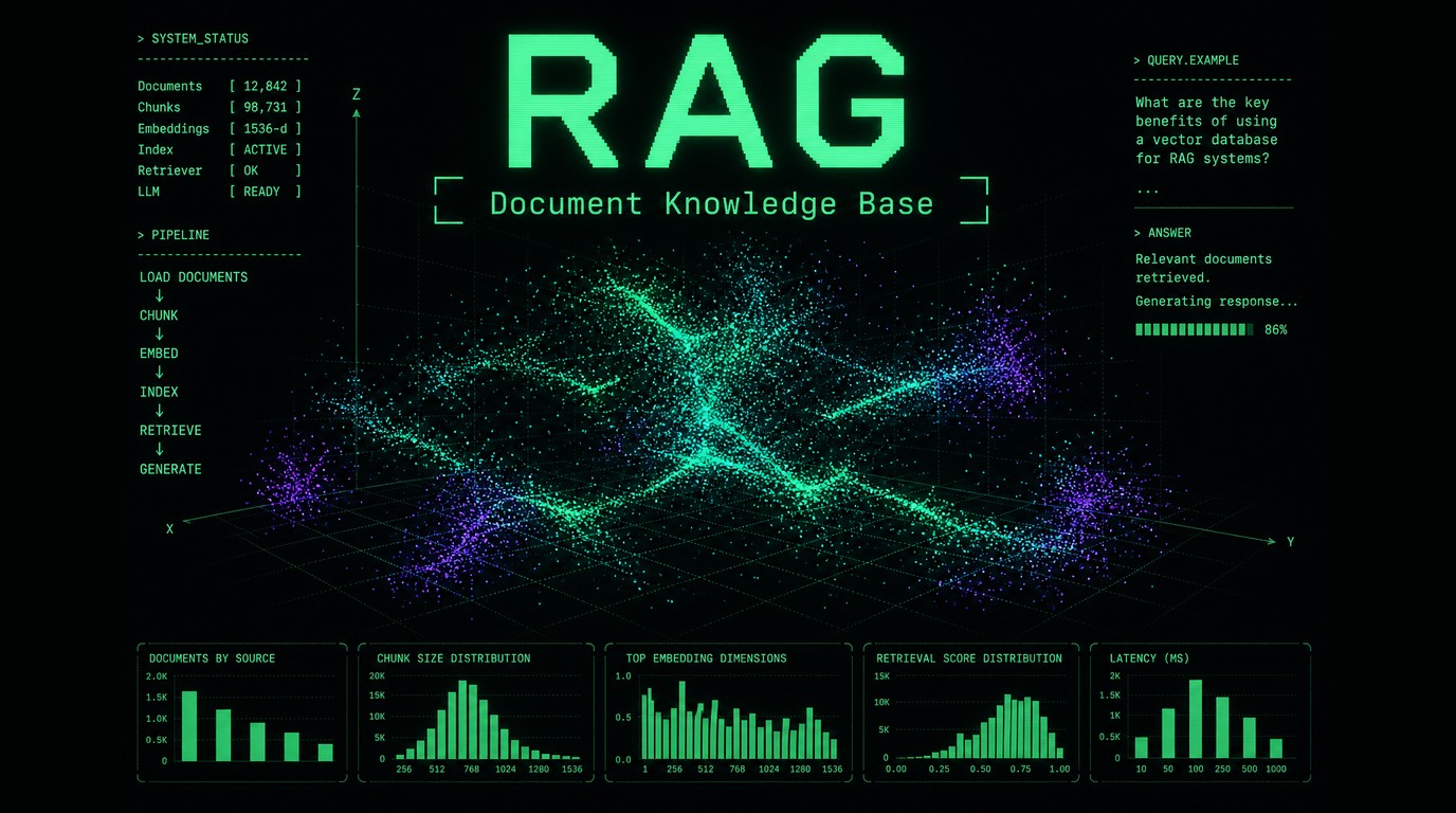RAG Documental — capa em fundo escuro com nuvem de pontos e gráficos em neon verde